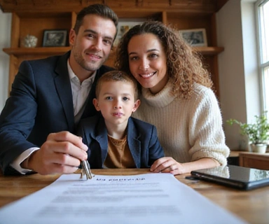 Famille heureuse avec des documents immobiliers